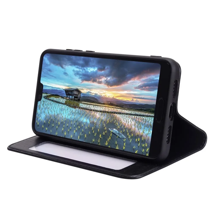 View Window Genuine Leather Auto Wake Up / Sleep Stand Flip Case for Huawei P20 - Black