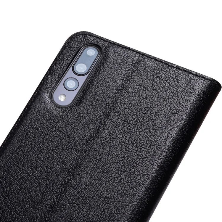 For Huawei P20 Pro View Window Genuine Leather Auto Wake Up / Sleep Stand Protective Mobile Casing - Black