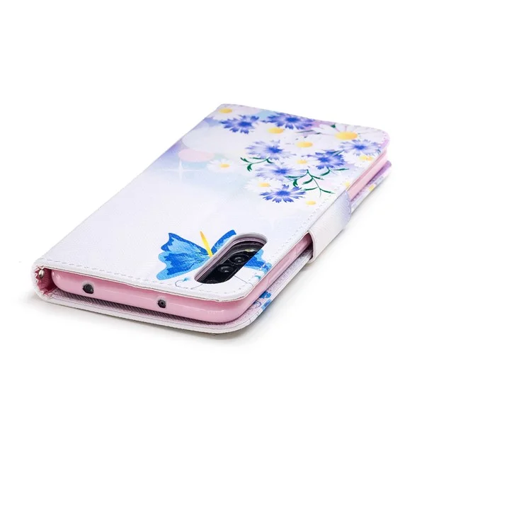 Pattern Printing Wallet Leather Stand Case for Huawei P20 Pro - Blue Butterfly and Daisy
