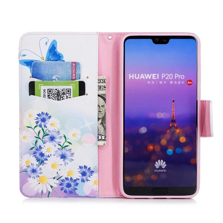 Pattern Printing Wallet Leather Stand Case for Huawei P20 Pro - Blue Butterfly and Daisy
