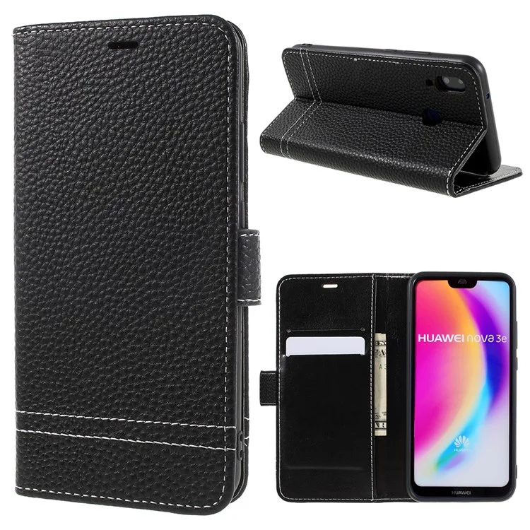 Litchi Texture PU Leather Wallet Phone Case with Stand for Huawei P20 Lite / Nova 3e - Black