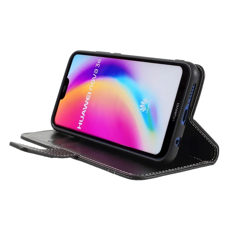 Litchi Texture PU Leather Wallet Phone Case with Stand for Huawei P20 Lite / Nova 3e - Black