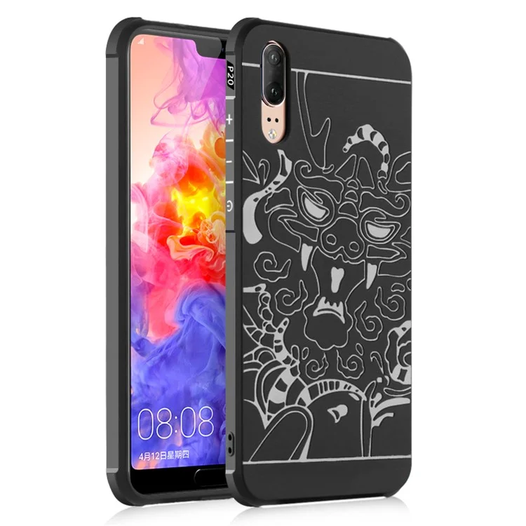 All-wrapped Drop-proof TPU Case for Huawei P20 - Auspicious Dragon Pattern / Black