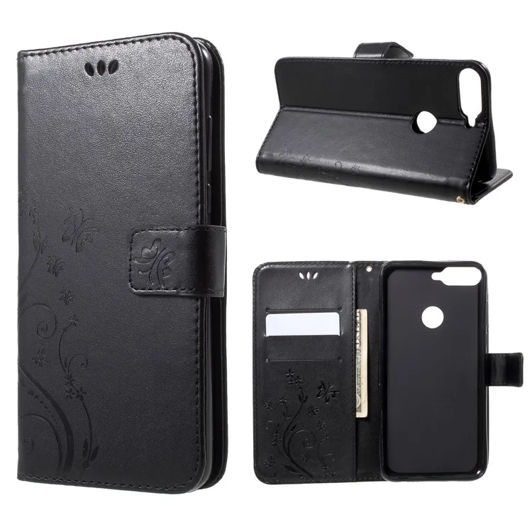 Imprinted Butterfly and Flower Leather Wallet Case with Strap for Huawei Y7 Prime (2018) / Honor 7C / Enjoy 8 - Black