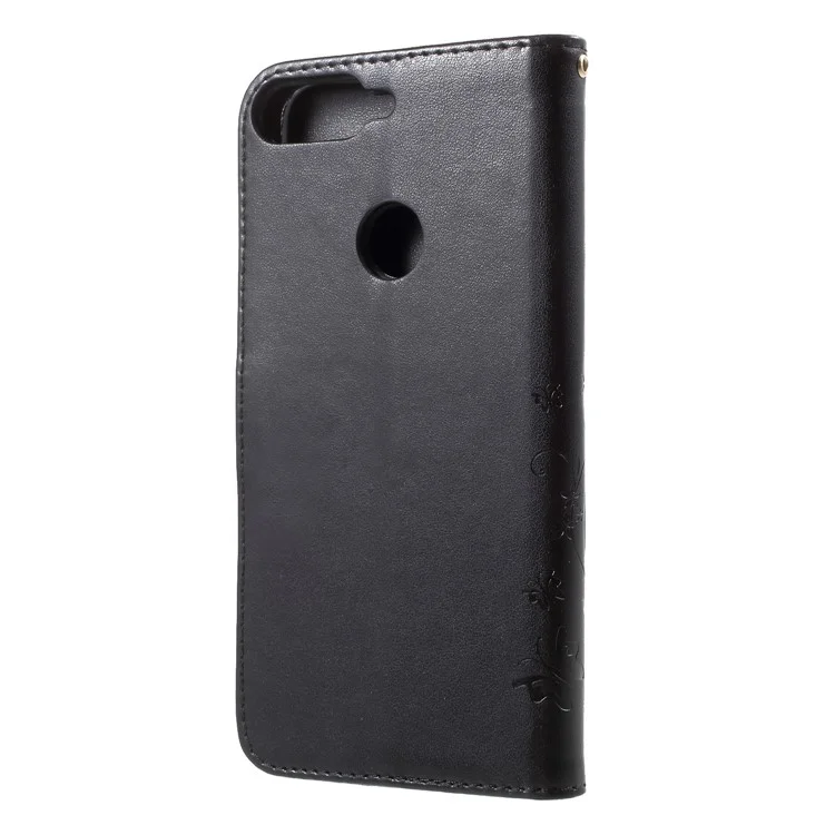 Imprinted Butterfly and Flower Leather Wallet Case with Strap for Huawei Y7 Prime (2018) / Honor 7C / Enjoy 8 - Black