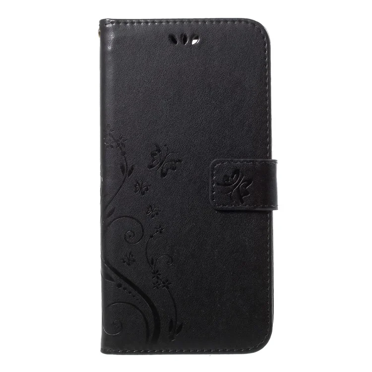 Imprinted Butterfly and Flower Leather Wallet Case with Strap for Huawei Y7 Prime (2018) / Honor 7C / Enjoy 8 - Black