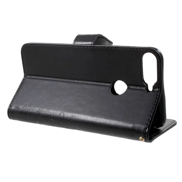 Imprinted Butterfly and Flower Leather Wallet Case with Strap for Huawei Y7 Prime (2018) / Honor 7C / Enjoy 8 - Black