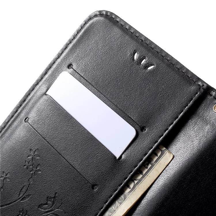 Imprinted Butterfly and Flower Leather Wallet Case with Strap for Huawei Y7 Prime (2018) / Honor 7C / Enjoy 8 - Black