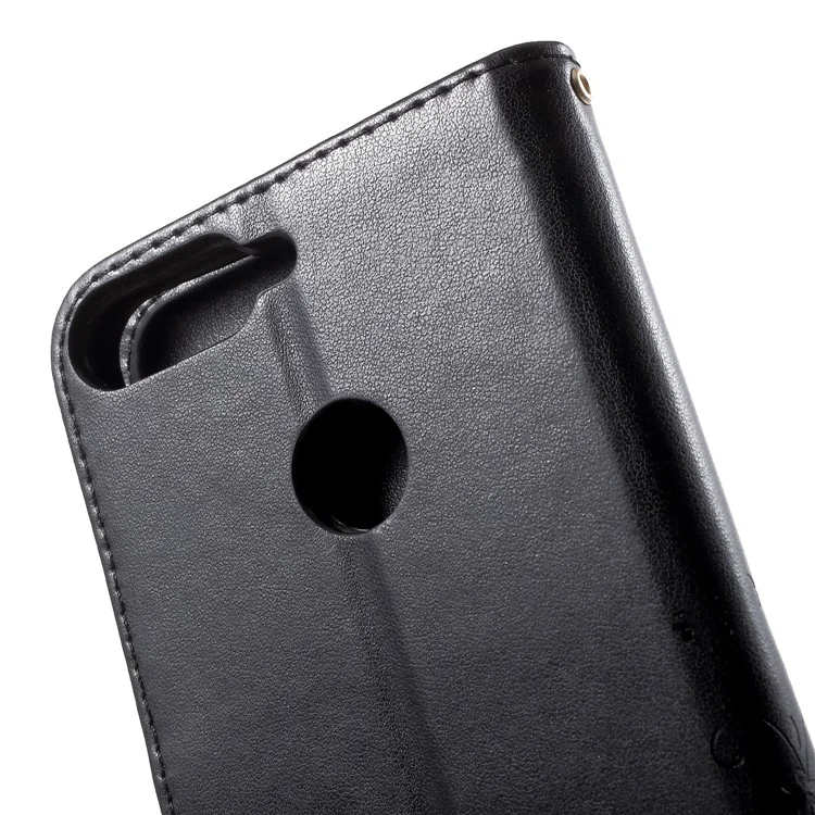Imprinted Butterfly and Flower Leather Wallet Case with Strap for Huawei Y7 Prime (2018) / Honor 7C / Enjoy 8 - Black