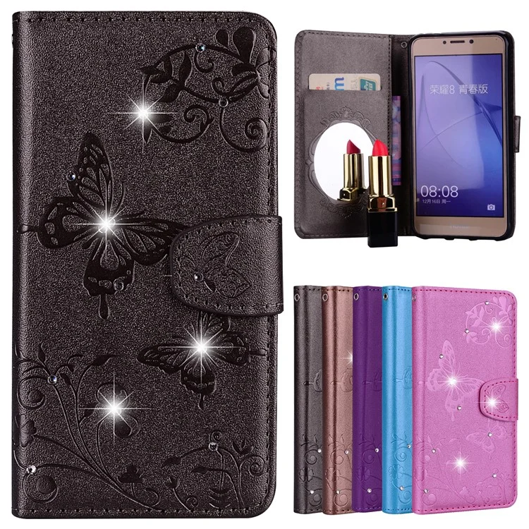 For Huawei P8 Lite (2017)/Honor 8 Lite Imprinted Butterfly Flower Rhinestone Leather Wallet Case with Mirror - Black