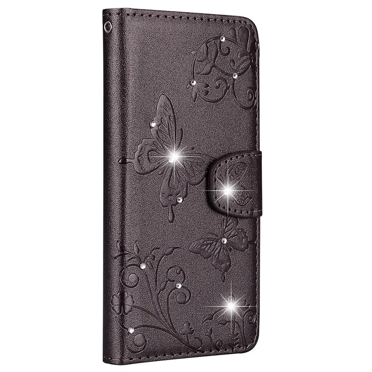 For Huawei P8 Lite (2017)/Honor 8 Lite Imprinted Butterfly Flower Rhinestone Leather Wallet Case with Mirror - Black