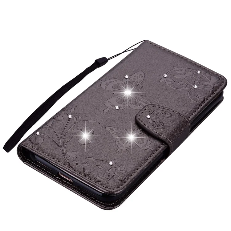 For Huawei P8 Lite (2017)/Honor 8 Lite Imprinted Butterfly Flower Rhinestone Leather Wallet Case with Mirror - Black
