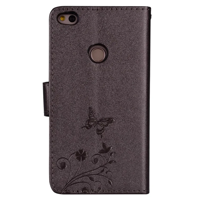 For Huawei P8 Lite (2017)/Honor 8 Lite Imprinted Butterfly Flower Rhinestone Leather Wallet Case with Mirror - Black