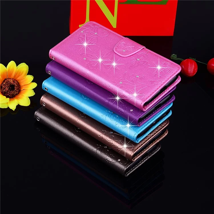 For Huawei P8 Lite (2017)/Honor 8 Lite Imprinted Butterfly Flower Rhinestone Leather Wallet Case with Mirror - Black
