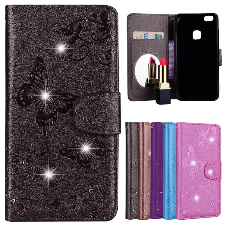 For Huawei P10 Lite Imprinted Butterfly Flower Rhinestone Leather Wallet Case with Mirror - Black