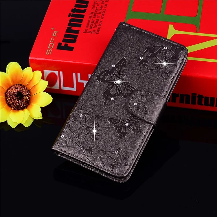For Huawei P10 Lite Imprinted Butterfly Flower Rhinestone Leather Wallet Case with Mirror - Black