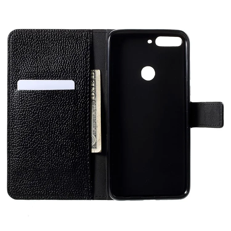 Litchi Skin Leather Wallet Case for Huawei Enjoy 8/Honor 7C /Y7 Prime (2018) - Black