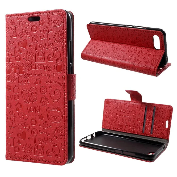 Cartoon Graffiti PU Leather Wallet Stand Case for Huawei Honor 10 - Red