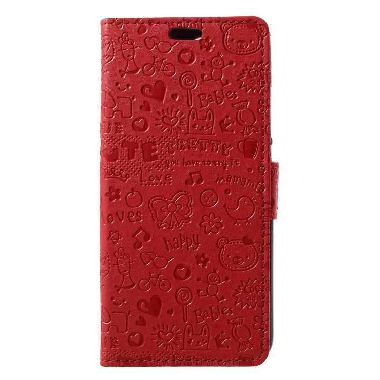 Cartoon Graffiti PU Leather Wallet Stand Case for Huawei Honor 10 - Red