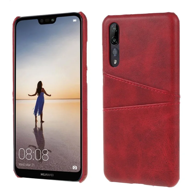 Card Holder PU Leather Coated PC Phone Cover for Huawei P20 Pro - Red