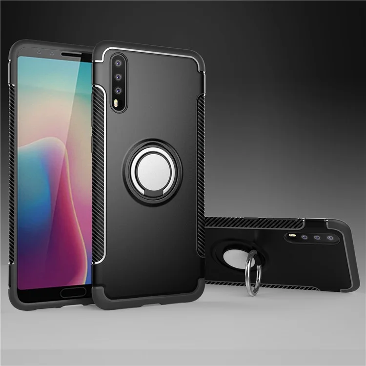 Kickstand Carbon Fiber Texture TPU + PC Hybrid Case for Huawei P20 (Built-in Magnetic Metal Sheet) - Black