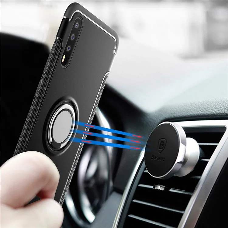 Kickstand Carbon Fiber Texture TPU + PC Hybrid Case for Huawei P20 (Built-in Magnetic Metal Sheet) - Black