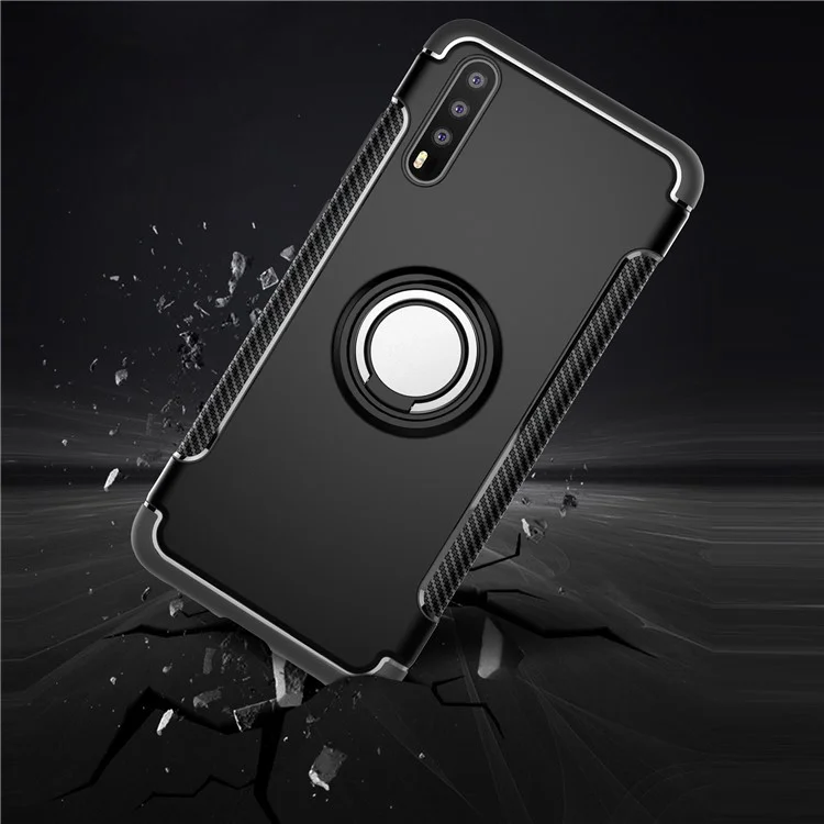 Kickstand Carbon Fiber Texture TPU + PC Hybrid Case for Huawei P20 (Built-in Magnetic Metal Sheet) - Black