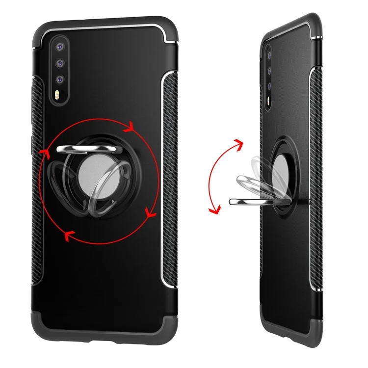 Kickstand Carbon Fiber Texture TPU + PC Hybrid Case for Huawei P20 (Built-in Magnetic Metal Sheet) - Black
