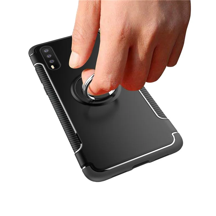 Kickstand Carbon Fiber Texture TPU + PC Hybrid Case for Huawei P20 (Built-in Magnetic Metal Sheet) - Black