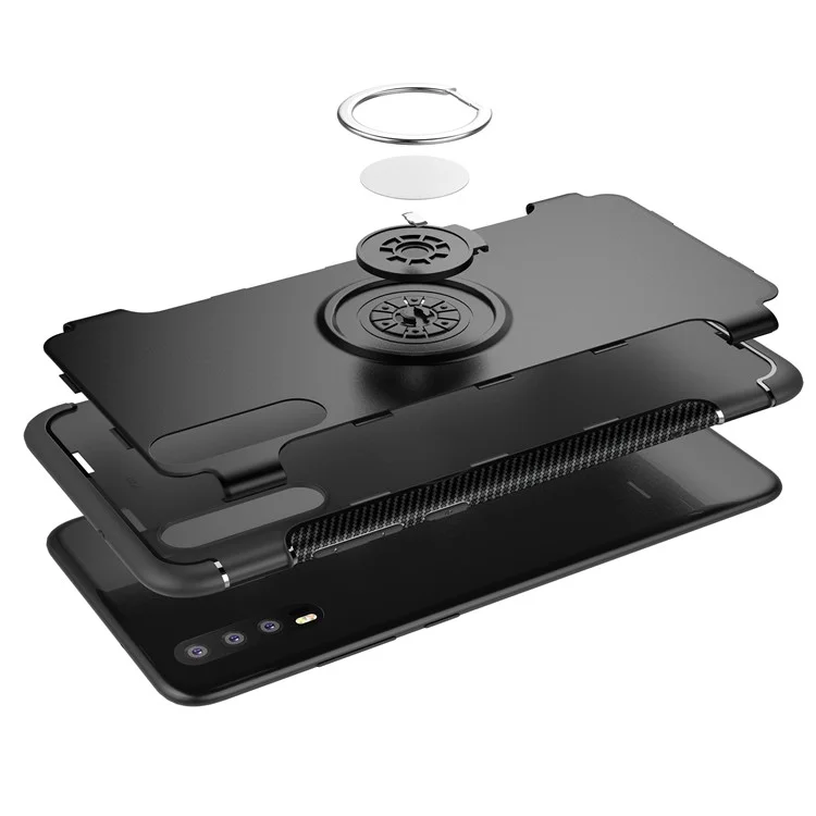 Kickstand Carbon Fiber Texture TPU + PC Hybrid Case for Huawei P20 (Built-in Magnetic Metal Sheet) - Black