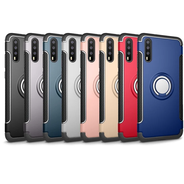 Kickstand Carbon Fiber Texture TPU + PC Hybrid Case for Huawei P20 (Built-in Magnetic Metal Sheet) - Black