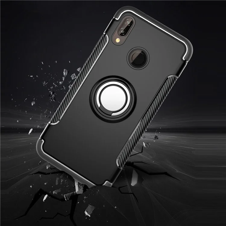 Finger Ring Kickstand Carbon Fiber Texture TPU + PC Hybrid Phone Case for Huawei P20 Lite / Nova 3e - Black