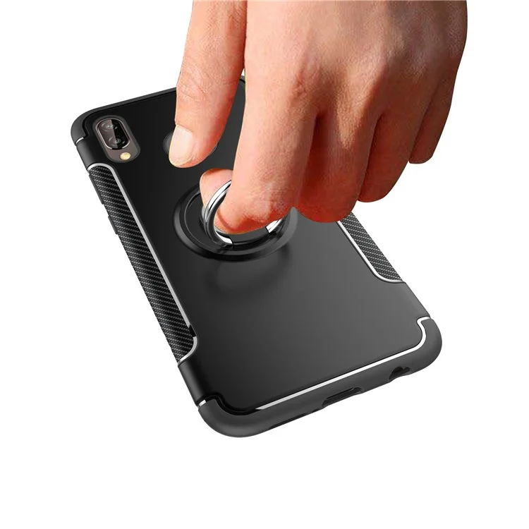 Fingerring Kickstand Carbonfaser Textur TPU + PC Hybrid Telefonhülle Für Huawei P20 Lite / Nova 3e - Schwarz