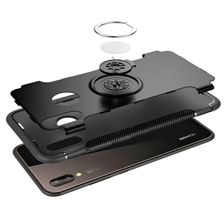 Fingerring Kickstand Carbonfaser Textur TPU + PC Hybrid Telefonhülle Für Huawei P20 Lite / Nova 3e - Schwarz