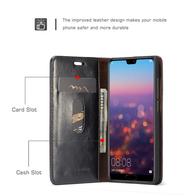 CASEME Oil Wax Crazy Horse Wallet Leather Stand Case for Huawei P20 - Black