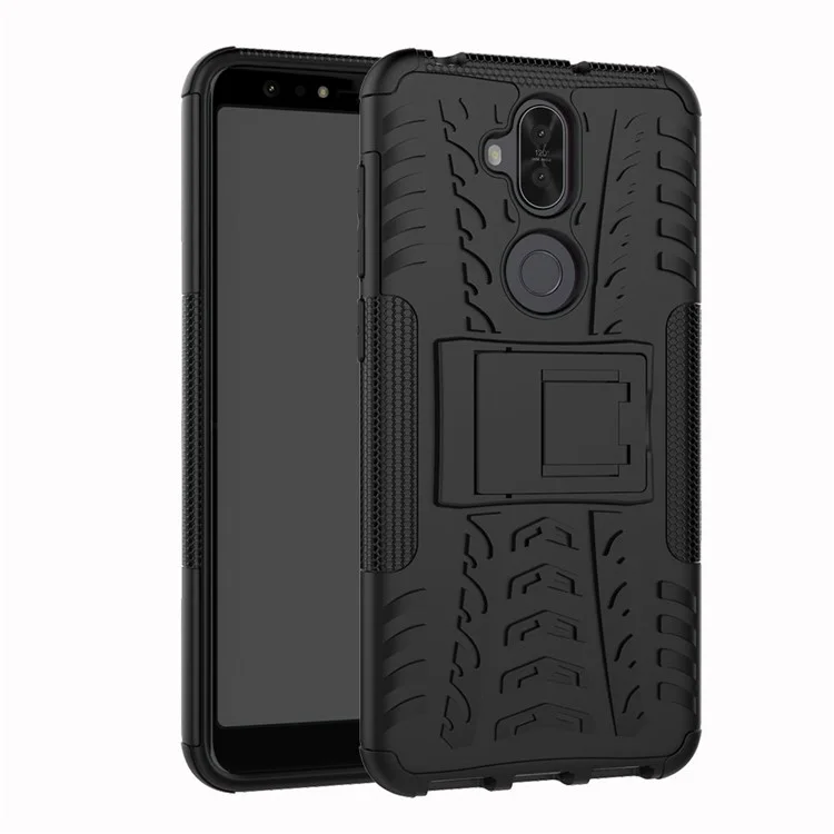 Anti-slip Tyre Pattern PC + TPU Hybrid Case with Kickstand for Asus Zenfone 5 Lite ZC600KL - Black