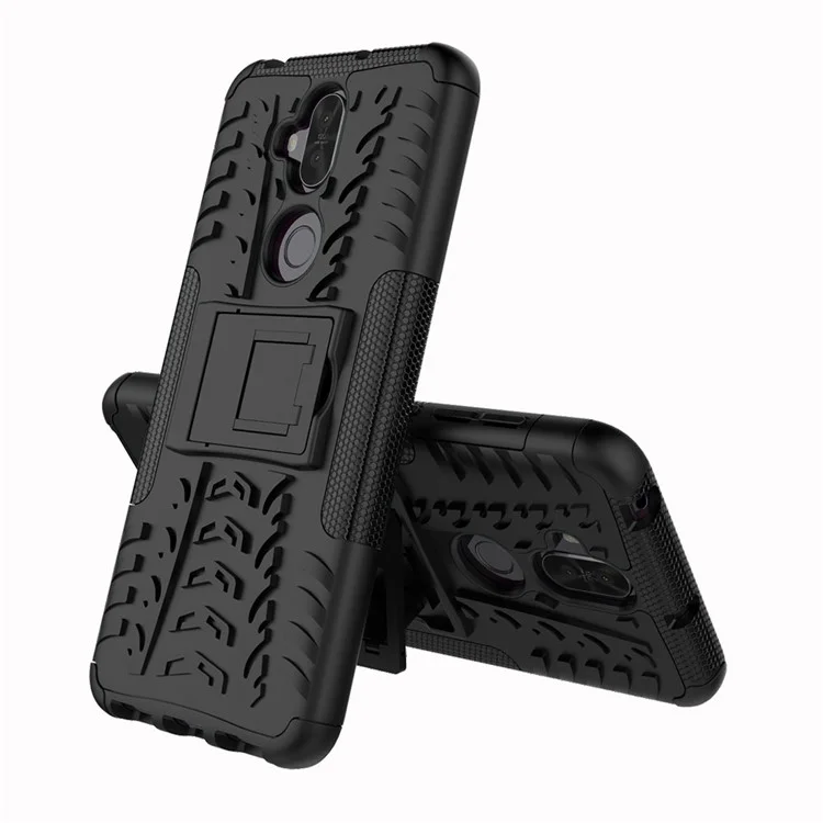 Anti-slip Tyre Pattern PC + TPU Hybrid Case with Kickstand for Asus Zenfone 5 Lite ZC600KL - Black