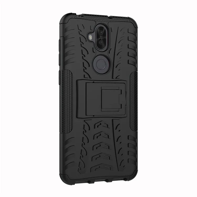 Anti-slip Tyre Pattern PC + TPU Hybrid Case with Kickstand for Asus Zenfone 5 Lite ZC600KL - Black