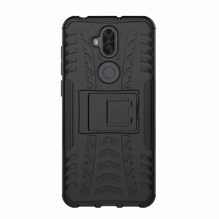 Anti-slip Tyre Pattern PC + TPU Hybrid Case with Kickstand for Asus Zenfone 5 Lite ZC600KL - Black