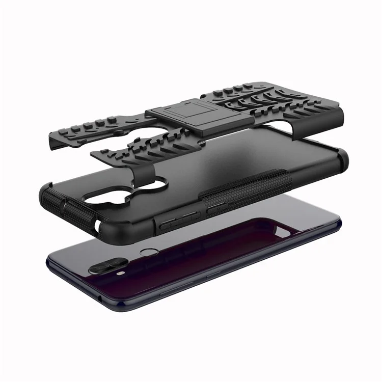 Anti-slip Tyre Pattern PC + TPU Hybrid Case with Kickstand for Asus Zenfone 5 Lite ZC600KL - Black