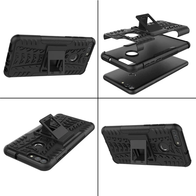 Anti-slip PC + Silicone Hybrid Case with Kickstand for Huawei P Smart / Enjoy 7S - Black