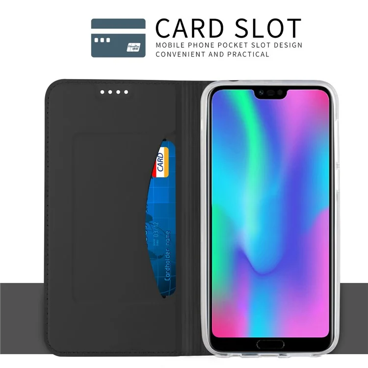 Card Holder Auto-absorbed Leather Cell Phone Case with Stand for Huawei Honor 10 - Black