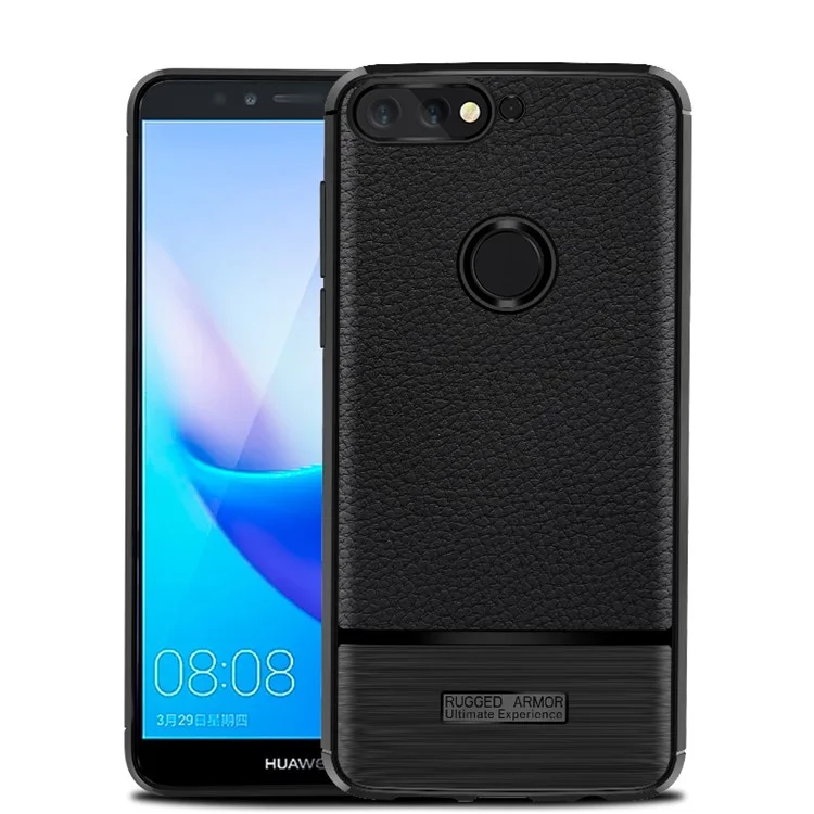 Litchi Texture and Brush TPU Case for Huawei Enjoy 8E / Honor 7A Pro / Honor 7A (with Fingerprint Sensor) - Black