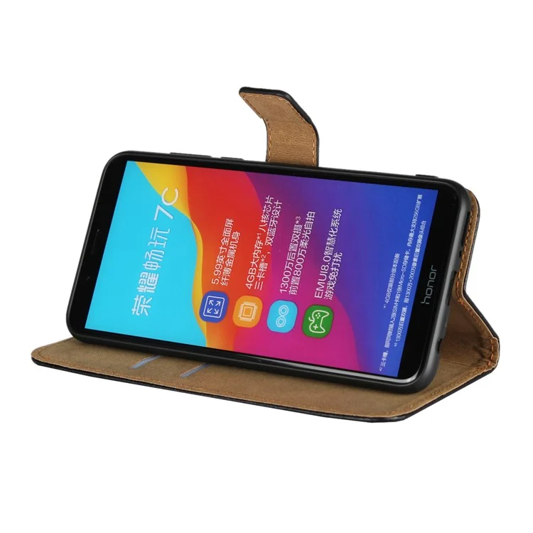 Genuine Leather Wallet Stand Phone Case for Huawei Honor 7C / Enjoy 8 - Black