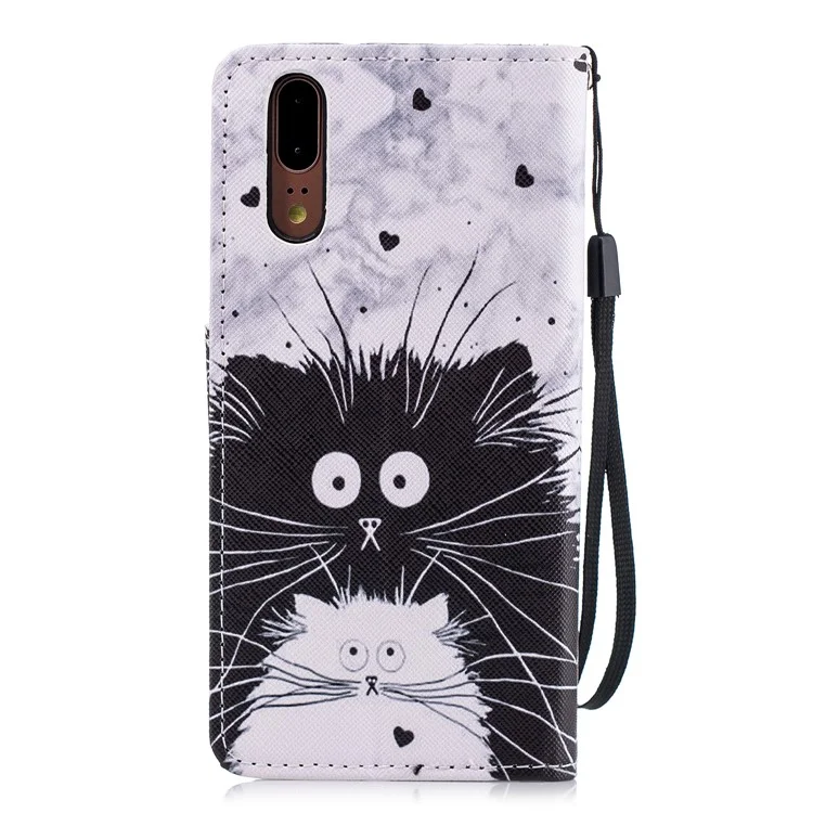 Cross Texture Pattern Printing Wallet Stand Leather Mobile Shell for Huawei P20 - Black and White Cat