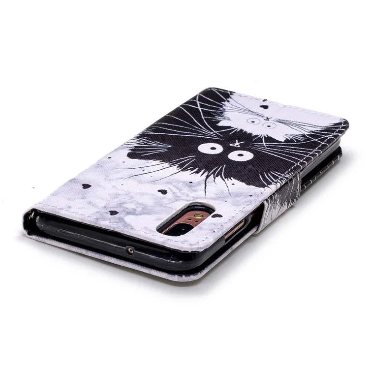 Cross Texture Pattern Printing Wallet Stand Leather Mobile Shell for Huawei P20 - Black and White Cat