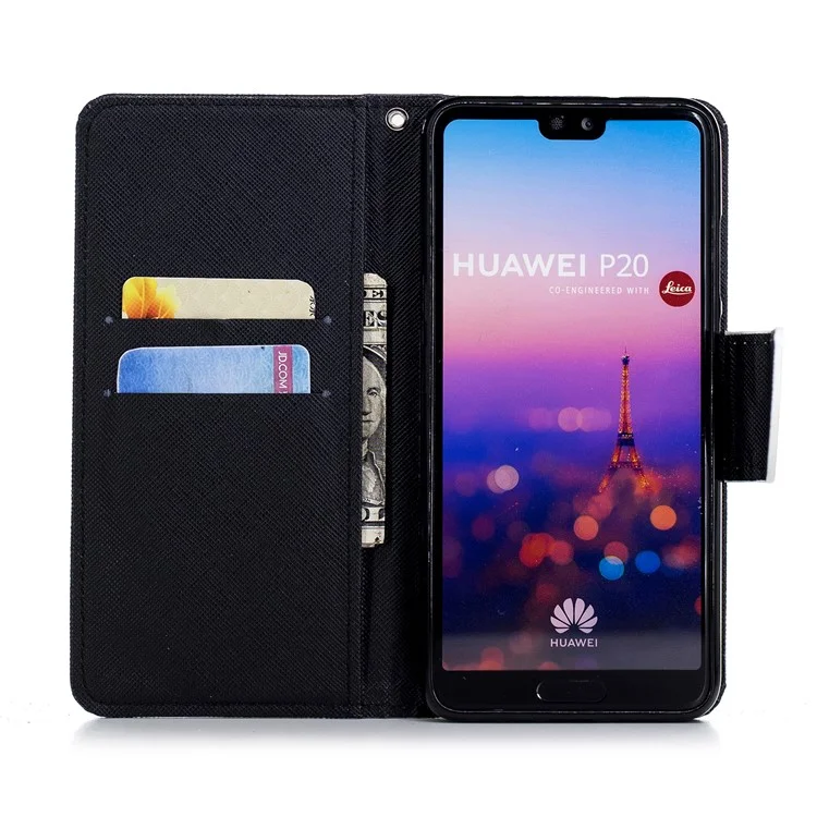 Cross Texture Pattern Printing Wallet Stand Leather Mobile Shell for Huawei P20 - Black and White Cat