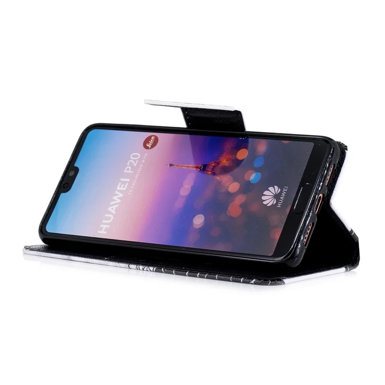 Cross Texture Pattern Printing Wallet Stand Leather Mobile Shell for Huawei P20 - Black and White Cat