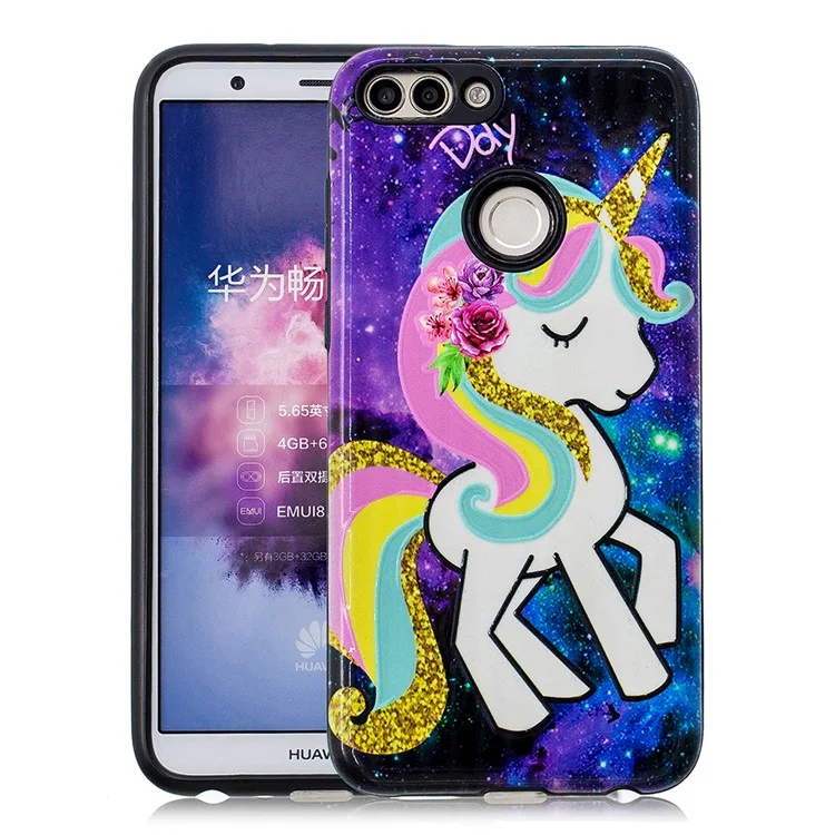 Embossed Rubberized PC TPU Hybrid Case for Huawei P Smart / Enjoy 7S - Unicorn