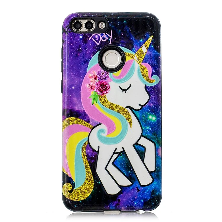 Embossed Rubberized PC TPU Hybrid Case for Huawei P Smart / Enjoy 7S - Unicorn